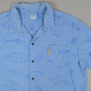 Columbia River Lodge Fish Print Camp Shirt Blue Short Sleeve Fishing XL